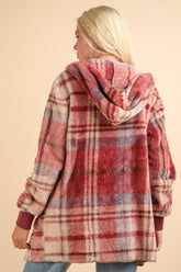 VERY J Fuzzy Plaid Long Sleeve Hooded Jacket OutfitFlow